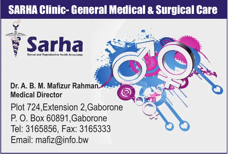 2014 Health Directory Botswana listing: SARHA Clinic, General Medical and Surgical Care, Dr A. B. M. Mafizur Rahman, Medical Director, Plot 724, Extension 2, Gaborone.